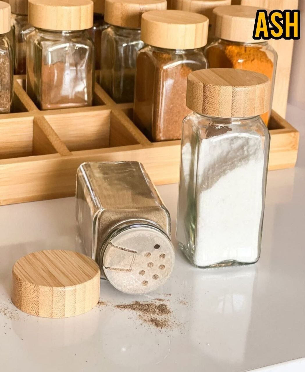 شیشه ادویه مکارتی نمکپاشی مربع درب بامبو